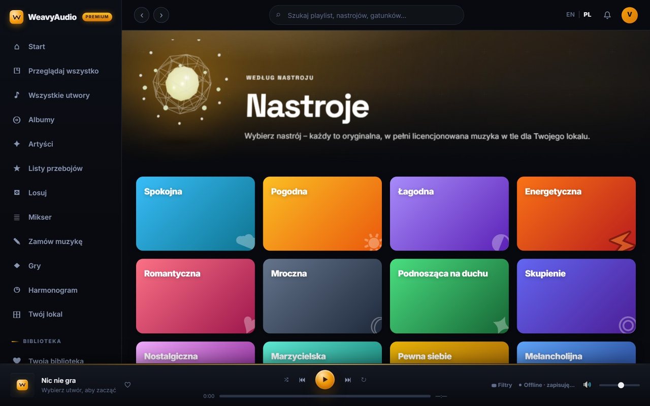 Strona Nastroje w WeavyAudio z kolorowymi kaflami: Spokojna, Pogodna, Łagodna, Energetyczna, Romantyczna i inne