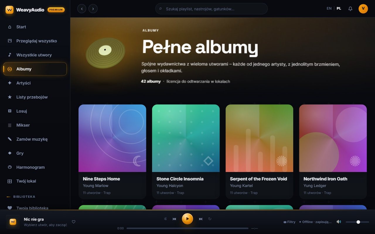 Strona Pełne albumy w WeavyAudio: 42 albumy, kafle Nine Steps Home, Stone Circle Insomnia i inne