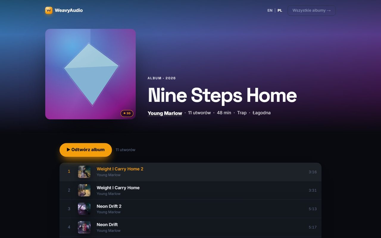 Strona albumu Nine Steps Home w WeavyAudio: okładka, 11 utworów, 48 min, przycisk Odtwórz album i lista utworów