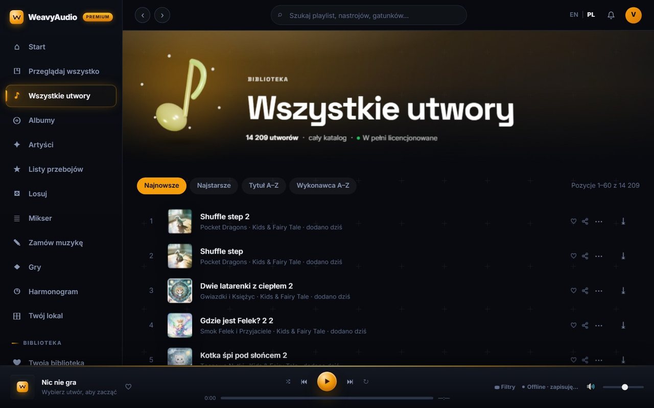 Zakładka Wszystkie utwory w WeavyAudio: 14 209 utworów, przyciski sortowania Najnowsze, Najstarsze, Tytuł A–Z