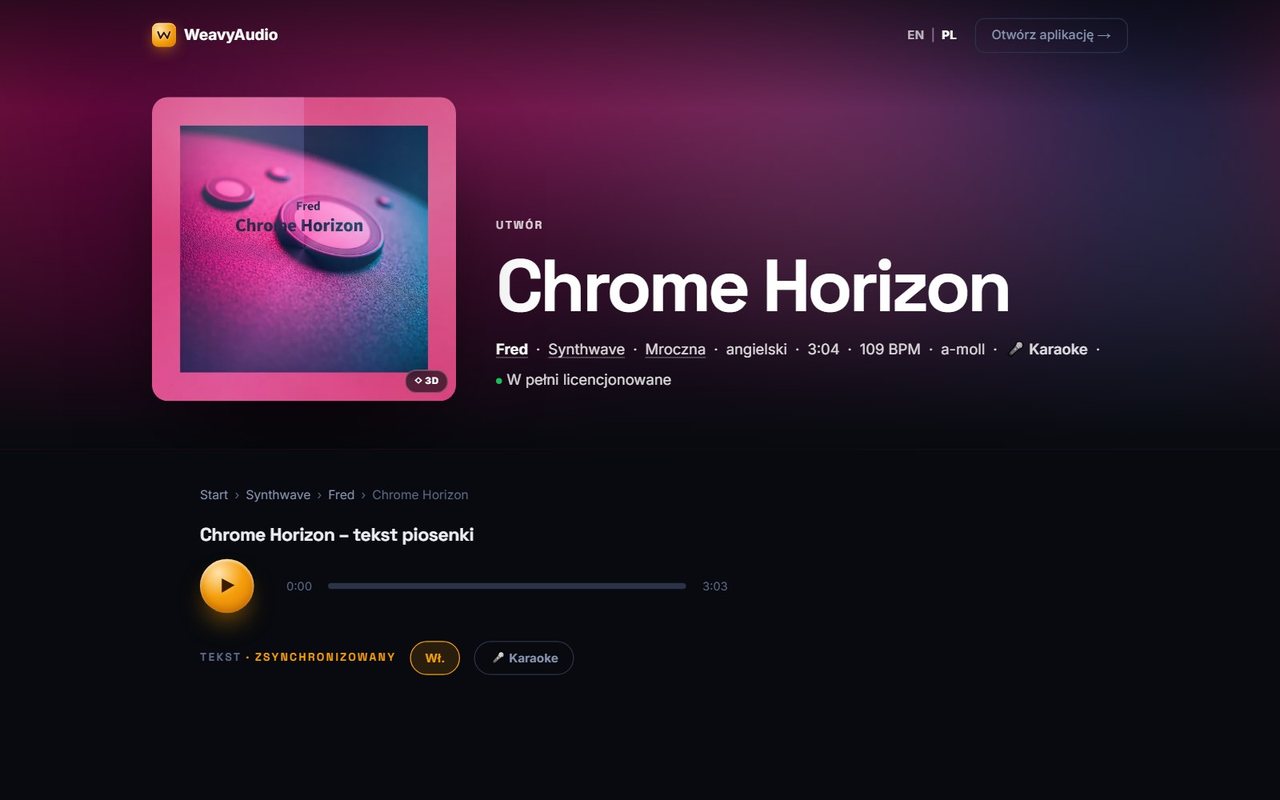 Karta utworu Chrome Horizon w WeavyAudio: okładka, 109 BPM, a-moll, odtwarzacz i przełącznik Karaoke