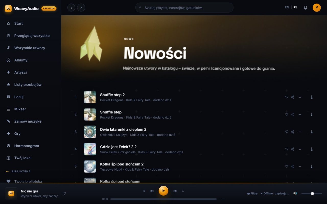 Zakładka Nowości w WeavyAudio z listą utworów dodanych dziś, z okładkami i nazwami wykonawców