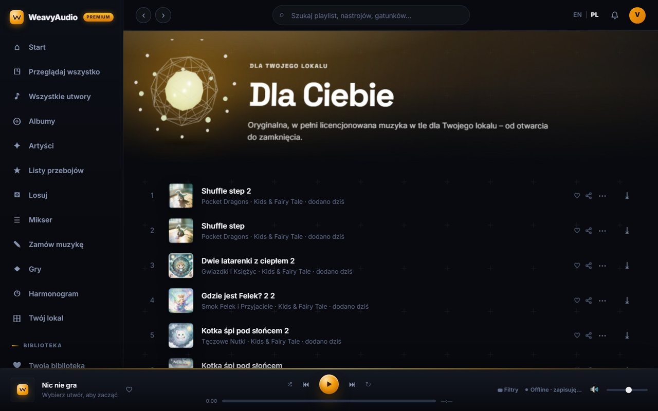 Zakładka Dla Ciebie w WeavyAudio: opis muzyki od otwarcia do zamknięcia i lista utworów z okładkami