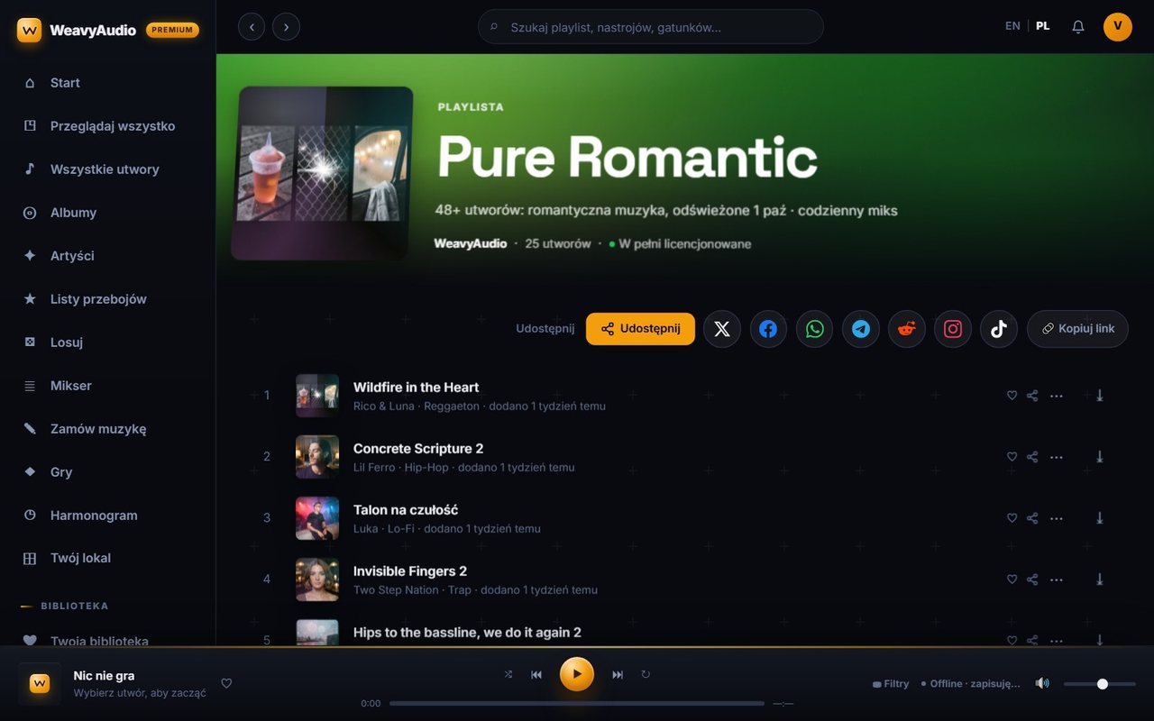 Playlista Pure Romantic w WeavyAudio: okładka, przyciski udostępniania X, Facebook, WhatsApp i lista utworów