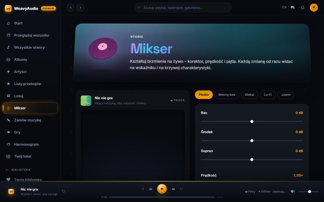 Mikser w WeavyAudio: gotowe ustawienia Płasko, Mocny bas, Wokal, Lo-Fi, Jasno i suwaki Bas, Środek, Sopran
