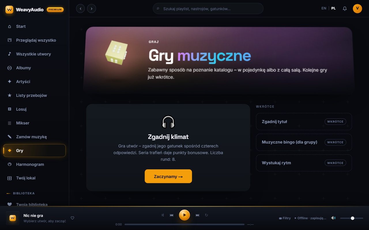Gry muzyczne w WeavyAudio: karta gry Zgadnij klimat z przyciskiem Zaczynamy i zapowiedzi kolejnych gier