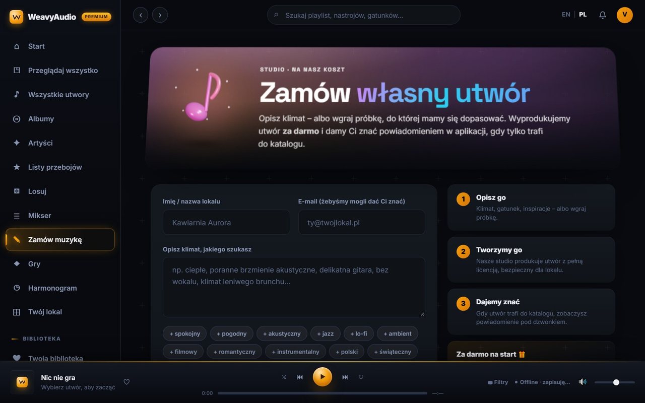Formularz Zamów własny utwór w WeavyAudio: pola nazwy lokalu, e-maila, opisu klimatu, tagi i trzy kroki zamówienia
