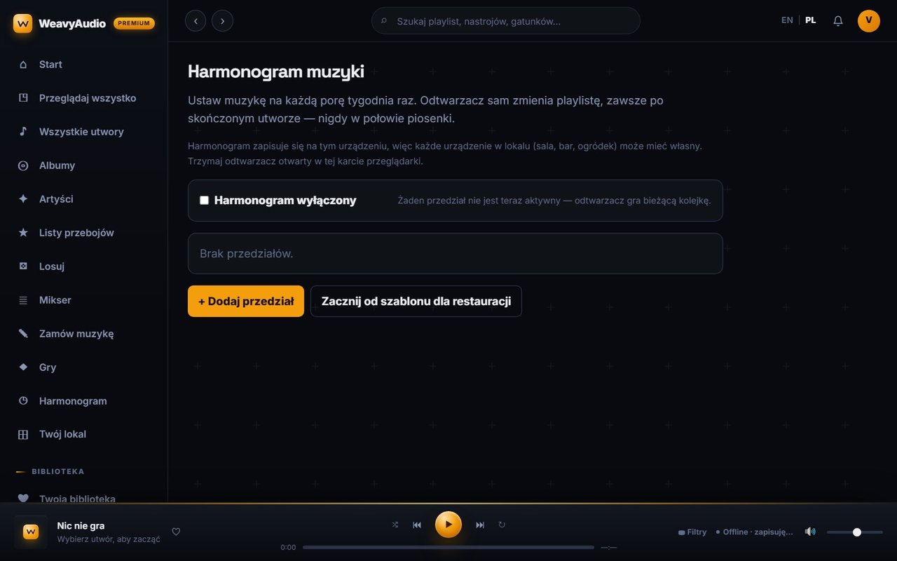 Harmonogram muzyki w WeavyAudio: przełącznik harmonogramu, przycisk Dodaj przedział i szablon dla restauracji