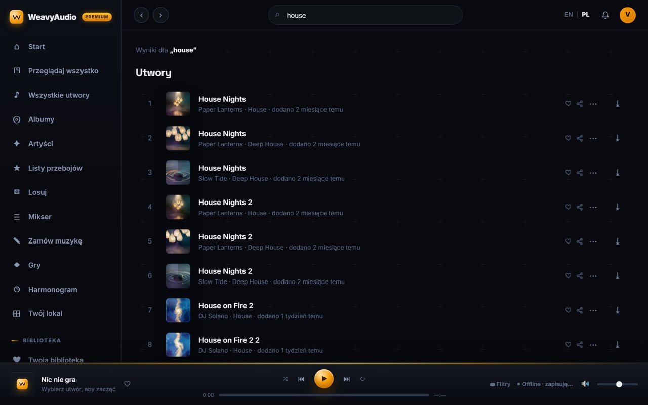 Wyniki wyszukiwania dla słowa house w WeavyAudio: lista utworów House i Deep House z okładkami