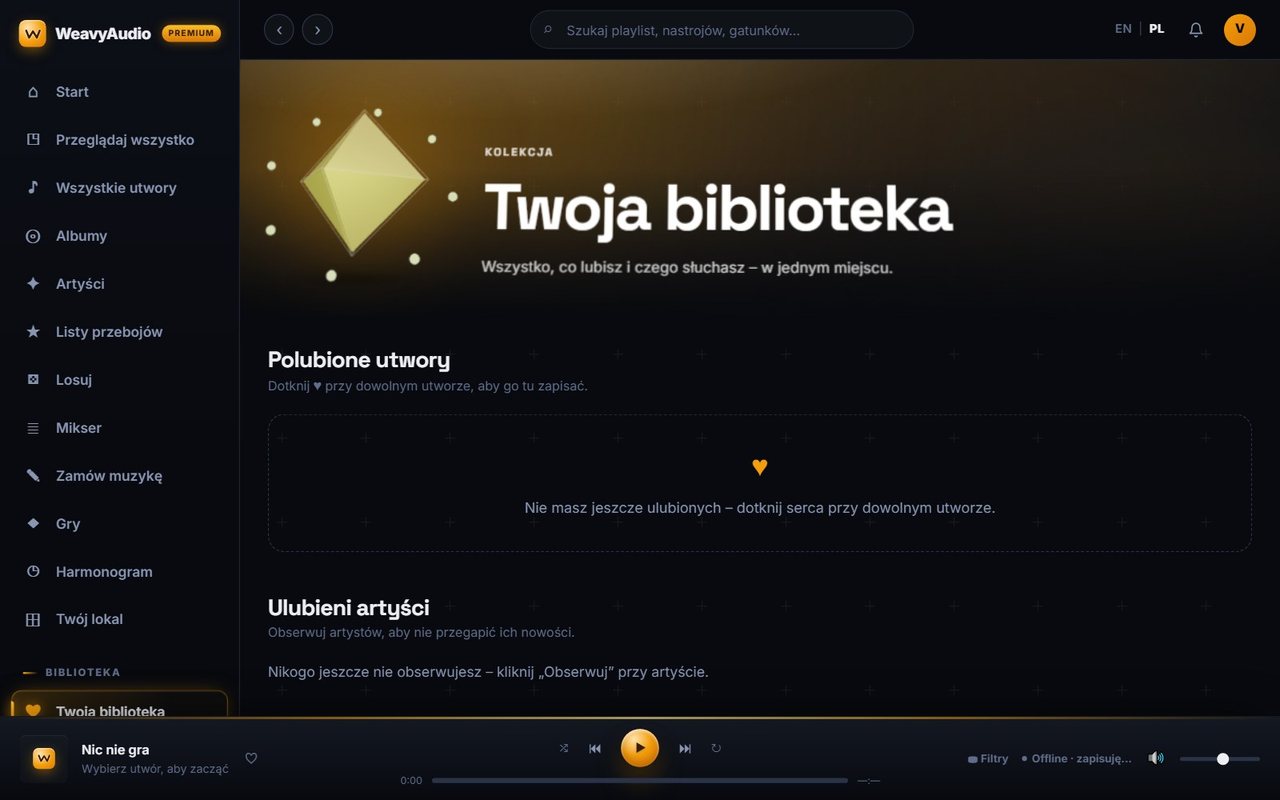 Twoja biblioteka w WeavyAudio: sekcje Polubione utwory i Ulubieni artyści z podpowiedziami dla nowego konta