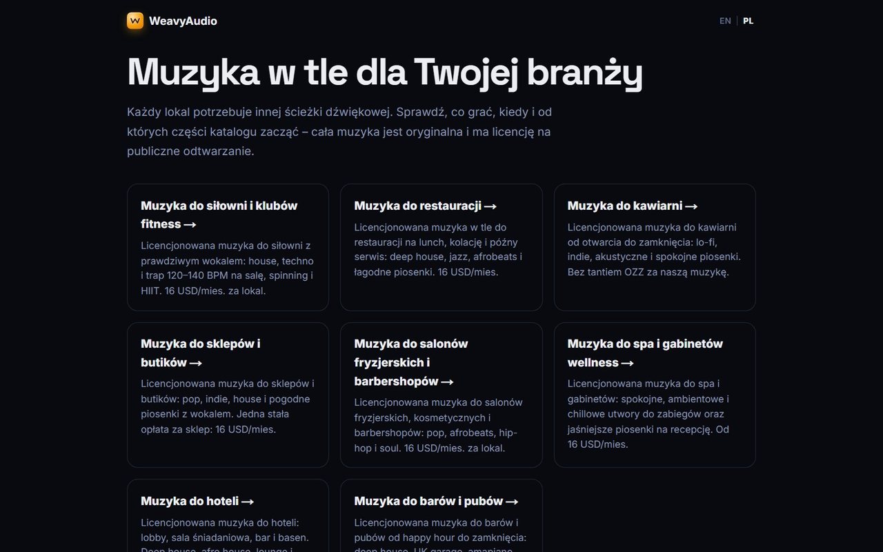 Strona Muzyka w tle dla Twojej branży w WeavyAudio z kaflami dla siłowni, restauracji, kawiarni, sklepów i spa
