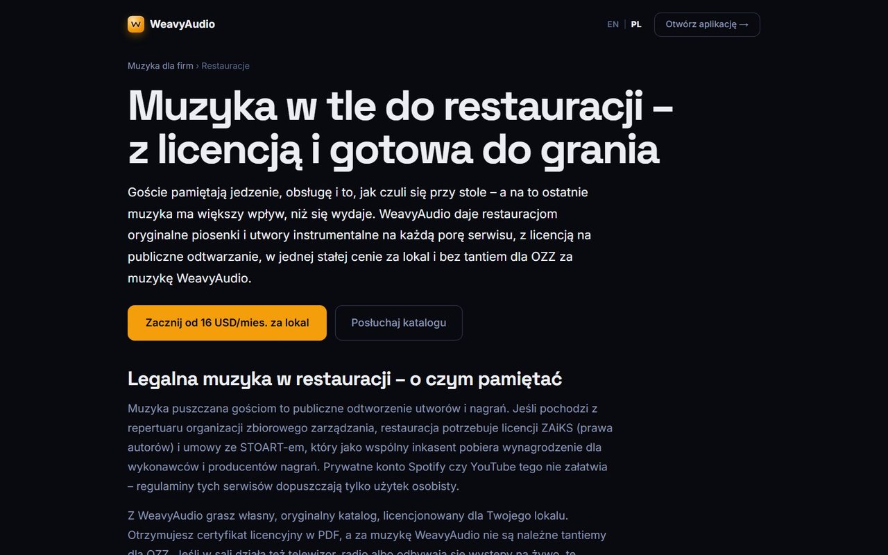 Strona Muzyka w tle do restauracji w WeavyAudio: nagłówek, opis licencji i przycisk Zacznij od 16 USD/mies.