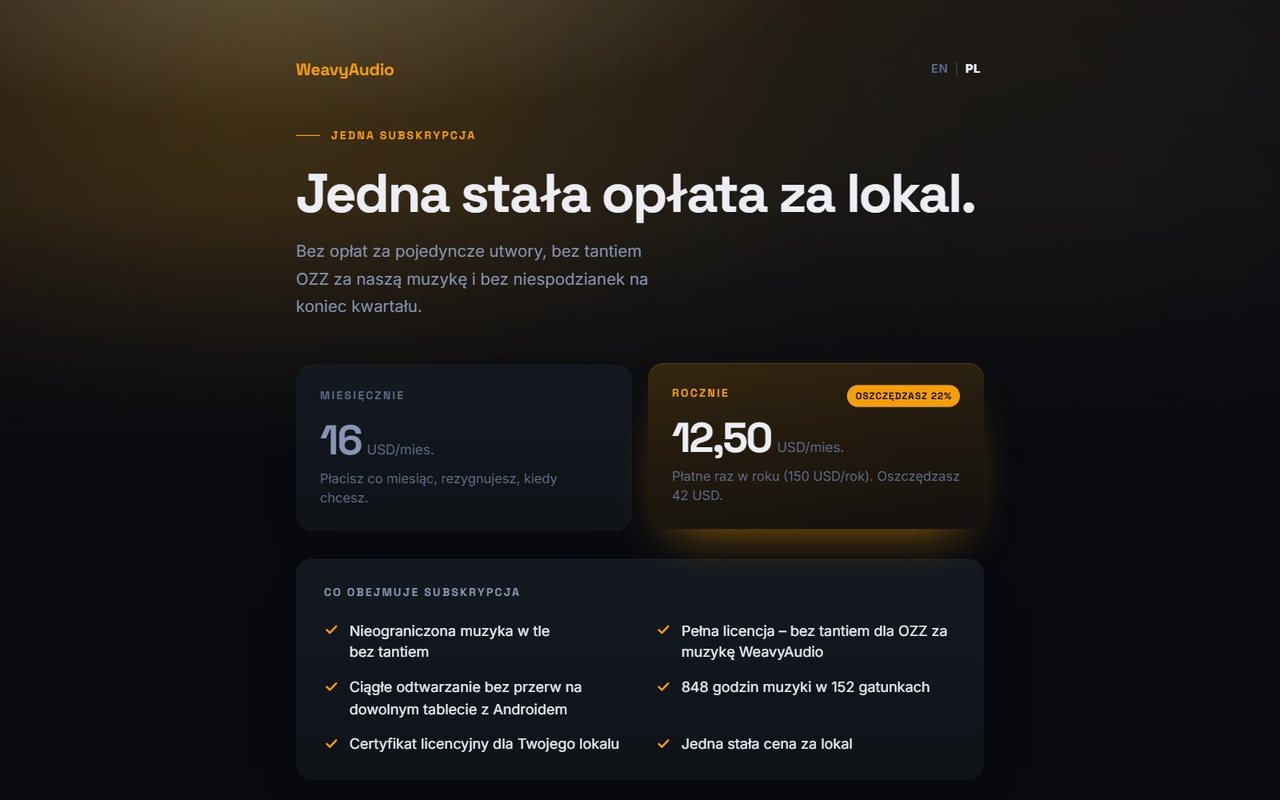 Strona subskrypcji WeavyAudio: plan miesięczny 16 USD, roczny 12,50 USD/mies. i lista tego, co obejmuje abonament