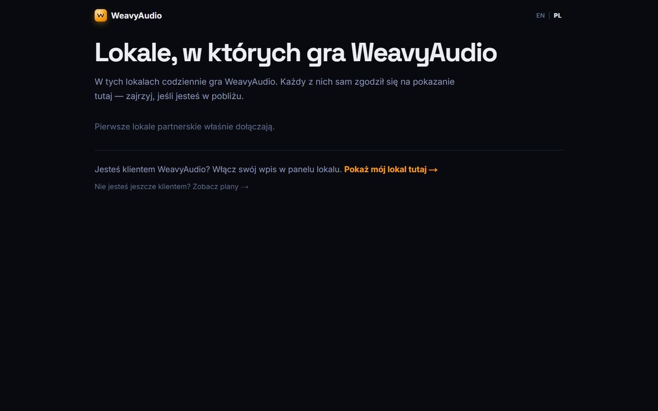 Strona Lokale, w których gra WeavyAudio z informacją o dołączających lokalach i linkiem Pokaż mój lokal tutaj