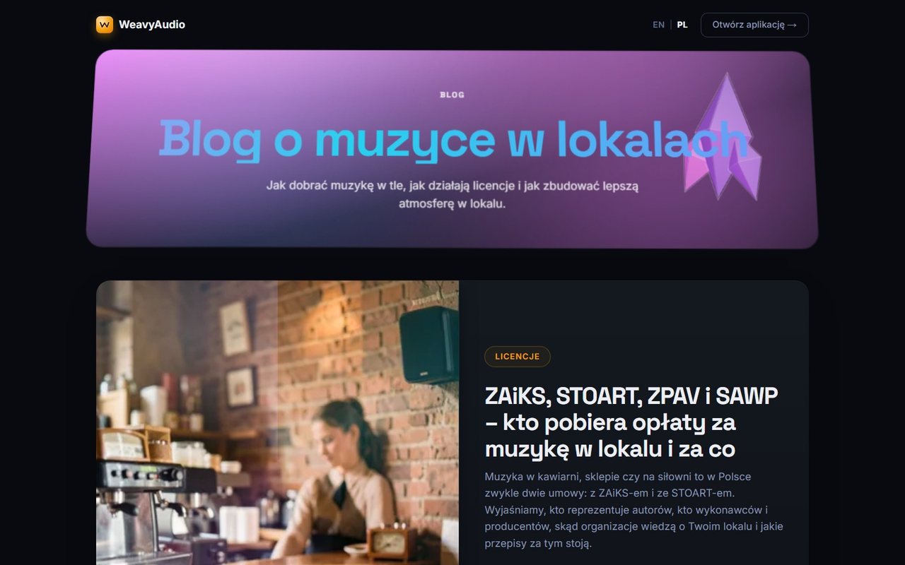 Blog WeavyAudio po polsku: nagłówek Blog o muzyce w lokalach i wpis o ZAiKS, STOART, ZPAV i SAWP