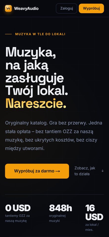 Strona główna WeavyAudio na telefonie: hasło, przycisk Wypróbuj za darmo, 848 h muzyki i 16 USD za lokal