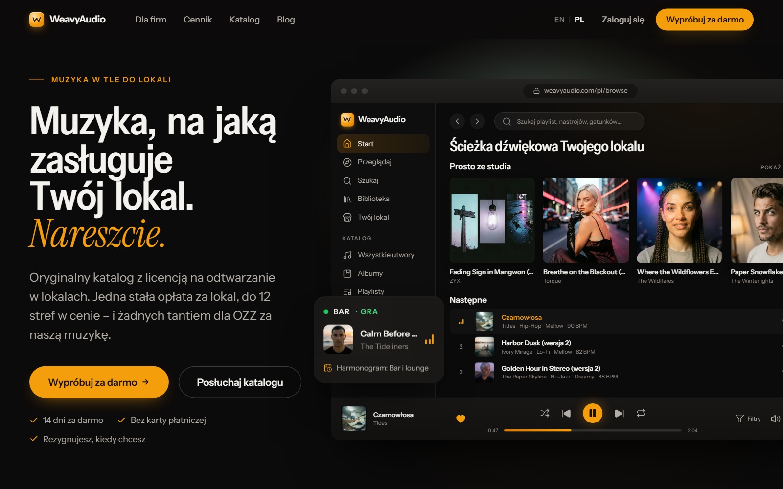 Nowa strona główna WeavyAudio: hasło, przyciski i okno aplikacji z kolejką utworów i kartą Bar · Gra