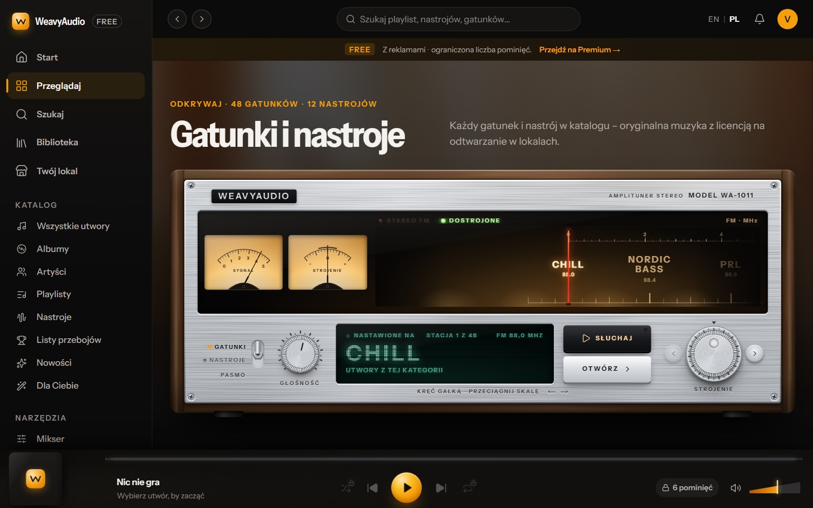 Nowa strona Gatunki i nastroje: odbiornik stereo z gałką strojenia i skalą stacji Chill, Nordic Bass, PRL