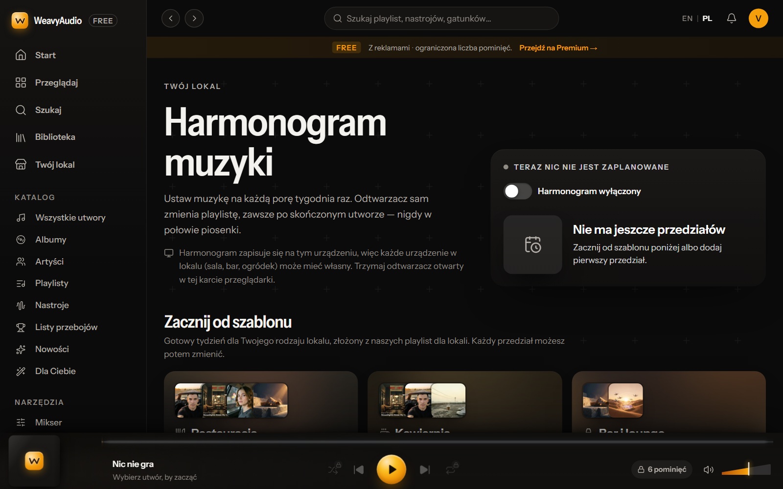 Nowy harmonogram muzyki: karta stanu z przełącznikiem i początek sekcji Zacznij od szablonu