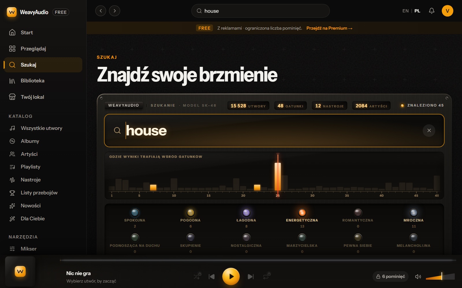 Nowa wyszukiwarka dla hasła house: liczniki katalogu, pole tekstowe, skala 1–48 gatunków i lampki nastrojów