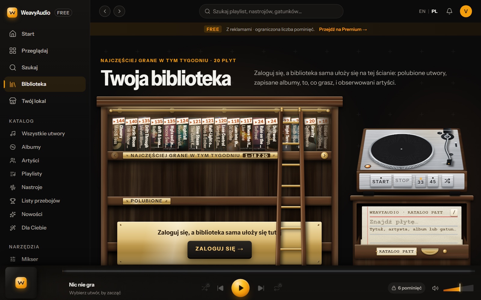 Nowa biblioteka: drewniany regał z płytami, gramofon z przyciskami Start i Stop oraz szufladka Katalog płyt