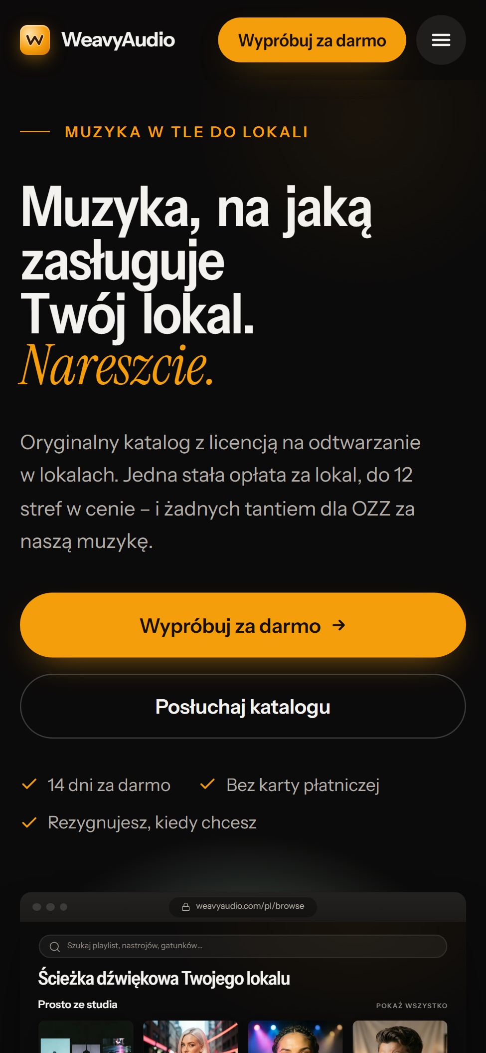 Nowa strona główna na telefonie: przycisk Wypróbuj za darmo, menu, hasło i dwa przyciski na całą szerokość